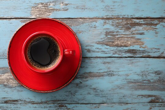 Red coffee cup on rustic blue wood table top view coffee break concept