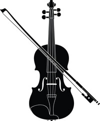 Detailed silhouette illustration of violin and bow isolated on white background, classic musical instrument for orchestra and solo performances © Frd Art