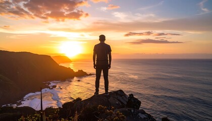 A person stands on a cliff overlooking a sunset over the ocean