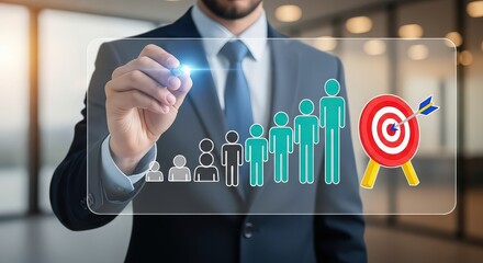 Businessman using digital display to visualize target audience growth and business strategy success