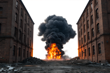 An apocalyptic scene A massive fire erupts between two buildings, creating a dramatic visual of destruction and chaos in the aftermath of an event