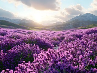 Fototapeta premium Vibrant lavender field with rolling hills and a serene sunset landscape