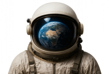 An astronaut looking at the Earth, a symbol of exploration and discovery. The astronaut is wearing a vintage-style space suit with Earth reflected in helmet