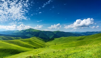 Fototapeta premium under a vibrant blue sky fluffy white clouds dot a serene landscape of gently rolling green hills stretching towards majestic mountains