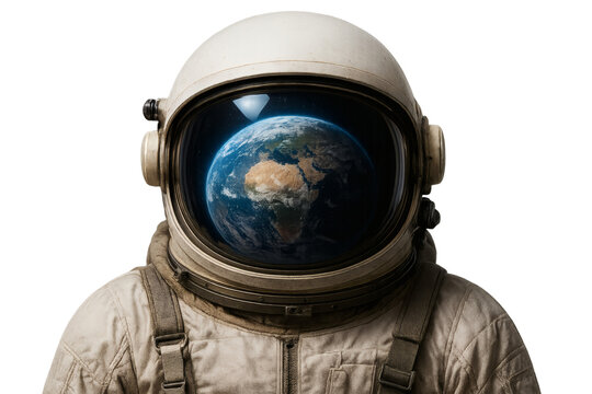 An astronaut looking at the Earth, a symbol of exploration and discovery. The astronaut is wearing a vintage-style space suit with Earth reflected in helmet
