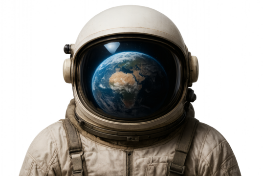 An astronaut looking at the Earth, a symbol of exploration and discovery. The astronaut is wearing a vintage-style space suit with Earth reflected in helmet