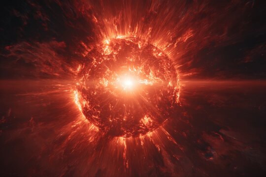 A fiery, textured sphere radiates intense light and heat, emanating powerful energy bursts from its core, set against a dark, cosmic backdrop - Powered by Adobe