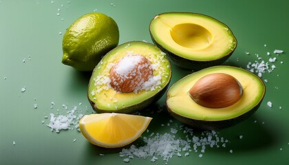 fresh avocado halves with coarse sea salt and lemon slices on green background