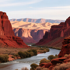 Canyon landscape background. Panoramic landscape with desert mountains on transparent background. illustration in flat cartoon style.created with the help of artificial intelligence.