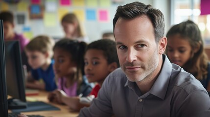 Man sitting front classroom of children. Teacher teaches diverse class of students in digital video. Students in a classroom using collaborative technology. A man in front of a lifestyle group of.