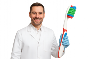 Smiling dentist man in white coat holding a giant toothbrush, promoting oral health. He seems friendly and professional, ready to assist you with any concerns about teeth