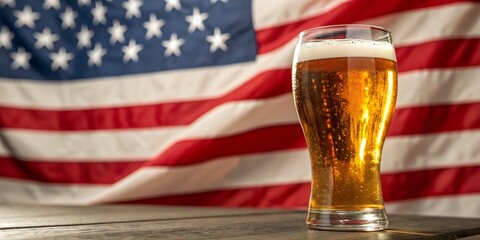 Cold beer in a tall glass with american flag background