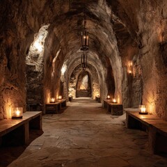 Obraz premium A dimly lit, stone-walled subterranean passage, lined with wooden benches and candlelit lanterns, leading to a distant, arched opening