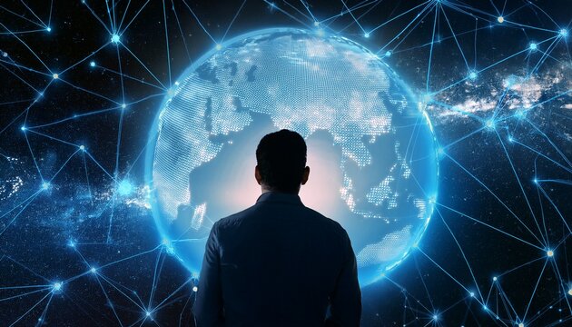 a silhouette of an individual gazing at earth from space surrounded by glowing lights representing global connectivity and the digital realm - Powered by Adobe