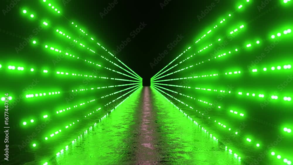 Poster green glowing lights generating luminous tunnel effect, reflecting on glossy wet floor and convergin