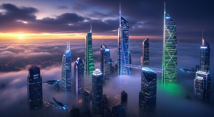 Futuristic Cityscape at Dusk: Illuminated Skyscrapers Piercing Through Ethereal Clouds with Flying Vehicles