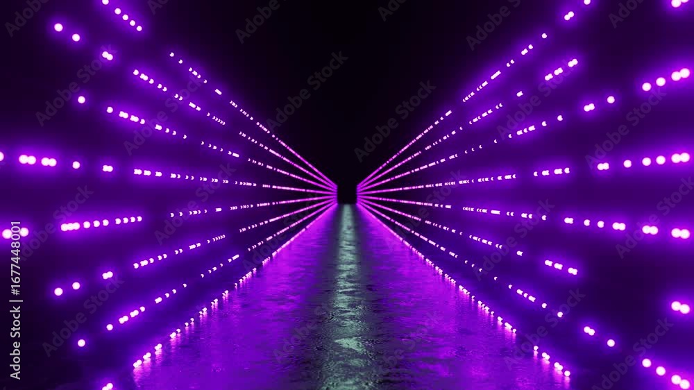 Poster wet corridor floor reflecting vibrant purple neon lights arranged in precise linear patterns, creati