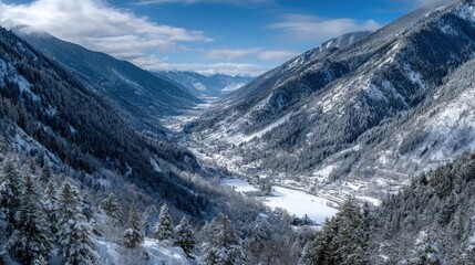 A wintry mountain valley unfolds, showcasing a picturesque village nestled amidst snow-capped peaks and dense forests.