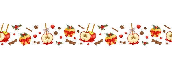 Horizontal border with hand-drawn caramel apples, cinnamon sticks, and berries. Vector holiday illustration, perfect for Christmas greeting cards, banners, and web designs