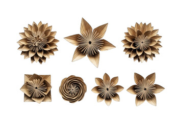 Set of Stylish Wooden Floral Design Ornaments with Transparent Background