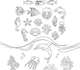 Minimal Line Art Vector Pack for Marine Life and Ocean Creatures including Tropical Fish Seaweed Coral Shell Seahorse Crab Jellyfish Octopus Dolphin  white background modern vector pack