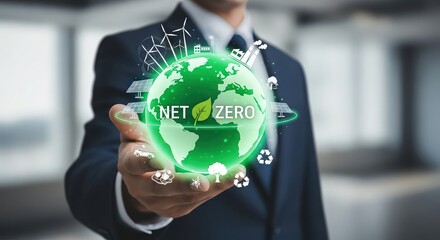 Businessman holding a glowing green earth with digital network and data overlays