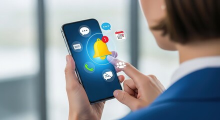 Person using a smartphone with social media icons and notifications appearing