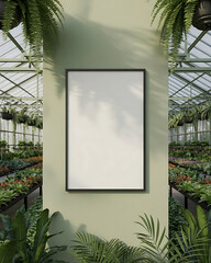 Empty frame mockup in a lush greenhouse with natural light and greenery creating a serene and natural ambiance