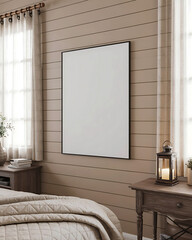 Cozy bedroom scene with blank digital screen mounted on textured brick wall a perfect mockup for displaying art or media.