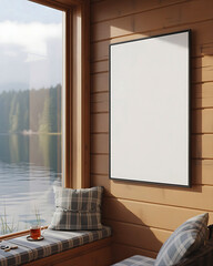 Empty rectangular frame mounted on a warm wooden paneled wall next to a large window with a blurred outdoor view perfect for mockup displays