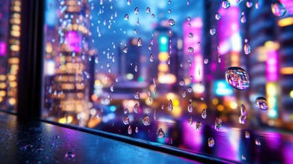 Raindrops streak down a window overlooking a bright neon cityscape below, slightly blurred