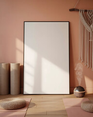 Blank poster mockup with cozy boho decor and natural light shadows for art display and interior design inspiration