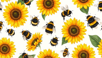 Floral pattern of sunflowers and bees