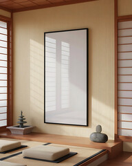 Modern japanese room interior mockup featuring a blank framed poster displayed on a textured wooden wall with shoji screens and tatami flooring