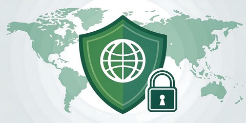 Global security shield and padlock protecting the world map