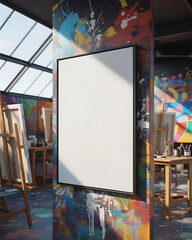 Blank white canvas mockup in a vibrant abstract art studio with natural light and shadow play displaying creative space