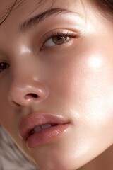 Fototapeta premium Close-up portrait of a woman with flawless, luminous skin and soft, natural makeup, showcasing healthy, glowing skin tones and a captivating expression.