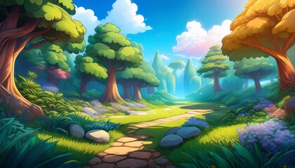 charming cartoon forest scene perfect for game development or whimsical backgrounds with a peaceful mood