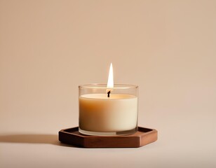 Lit Candle in Glass Jar on Wooden Surface – Minimalist Relaxation Decor