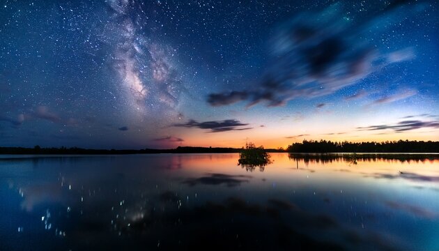 the sky is filled with dark clouds and shimmering stars reflecting over the calm water s surface at twilight the scene evokes a sense of tranquility and wonder