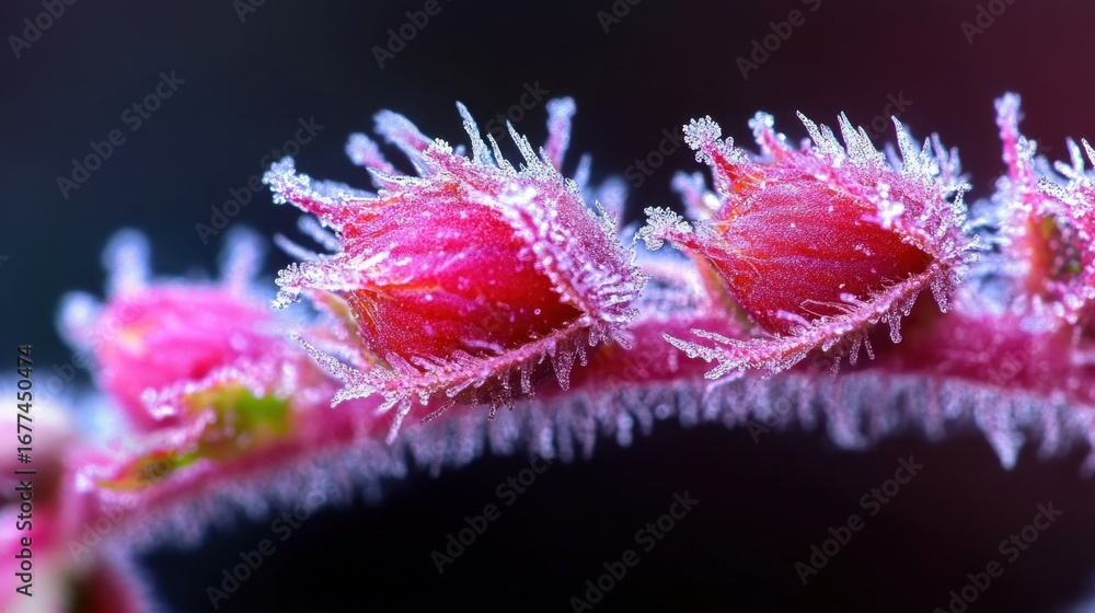 Poster raspberry in extreme macro, highlighting crystallized frost and micro hairs between its plump drupel
