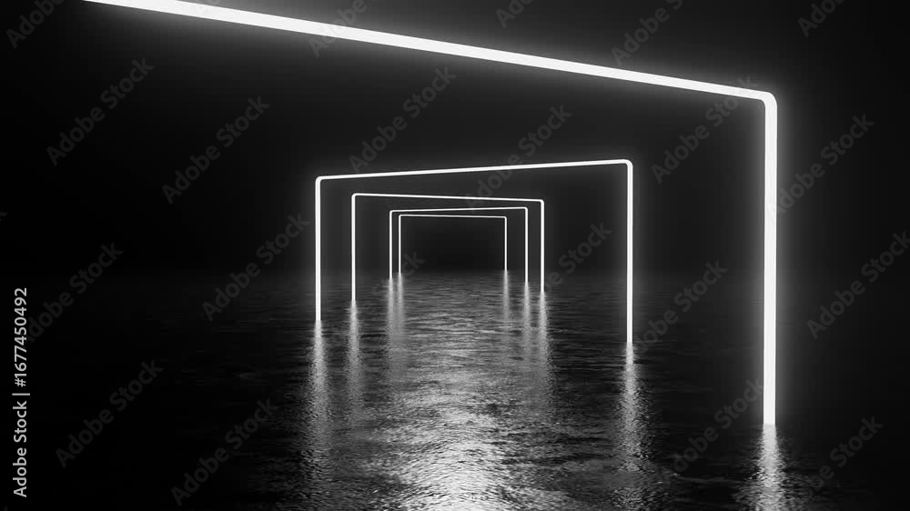Poster glowing neon rectangles forming futuristic corridor within dark, reflective environment, presenting 