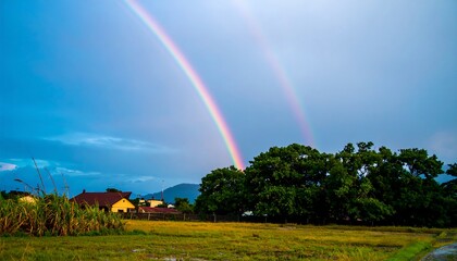 Fototapeta premium Double rainbow over rural landscape