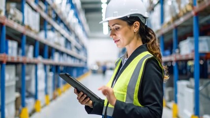 Woman in warehouse using tablet