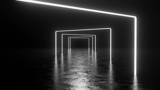 Glowing neon rectangles forming futuristic corridor within dark, reflective environment, presenting sleek architectural design with minimalist aesthetic and dynamic illumination
