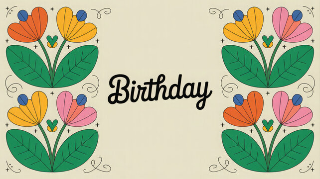 Colorful floral birthday card design with vintage retro style illustration