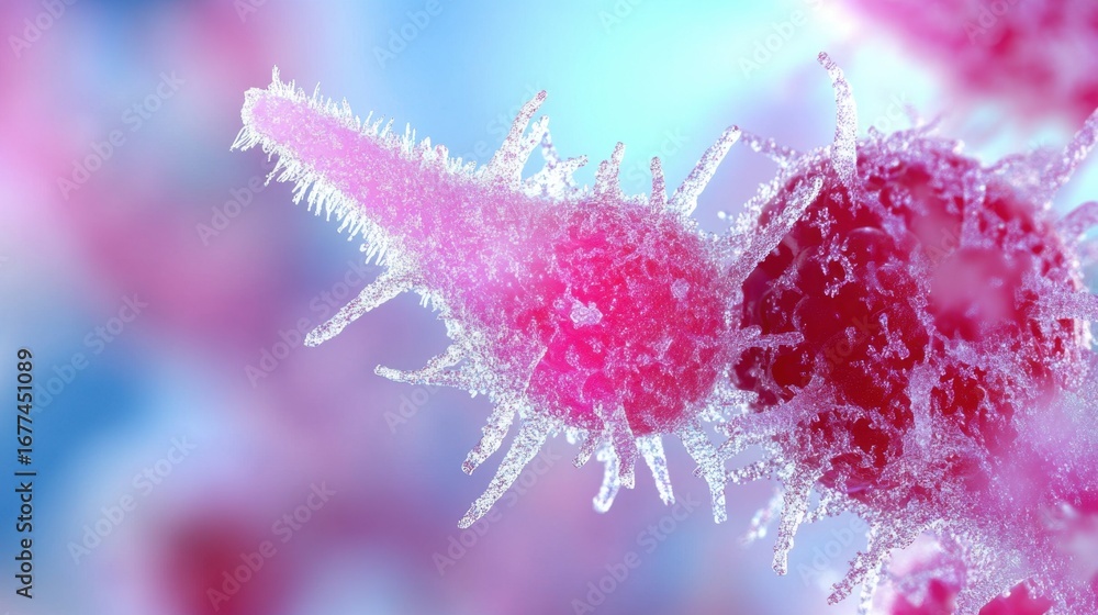 Poster raspberry in extreme macro, highlighting crystallized frost and micro hairs between its plump drupel