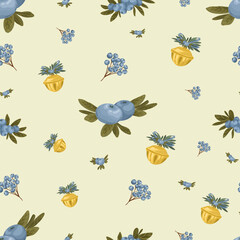 Obraz premium Seamless pattern of hand drawn blueberries and golden bells. Vector Christmas and New Year illustration. Great for textile, fabric, wrapping paper, backgrounds