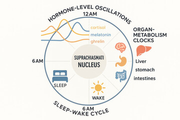 Sleep Wake Cycle Illustration with Hormone Levels and Organ Metabolism Clocks