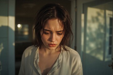 Young woman stepping outside with tears and looking down in sunlight  